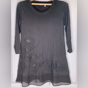 LOGO by Lori Goldstein 3/4 Sleeve Black Sheer Trim Embellshed Tunic in Size XS